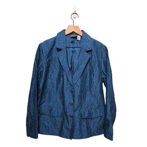Chico’s Blue Embroidered Silk Blend Metallic Single Breasted Blazer Sz M